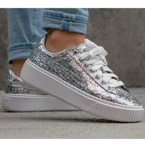Puma Basket Platform Silver Glitter Women's Shoes Size 9